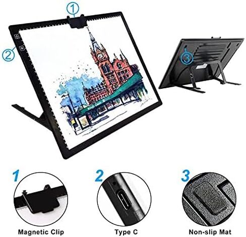 A3 Rechargeable Light Pad, TOHETO 2500mAh Battery Powered Light Board with Stand Top Magnetic Clip 3 Colors Stepless Dimmable 6 Levels Brightness Light Box for Diamond Painting Weeding Vinyl (White) in Kuwait