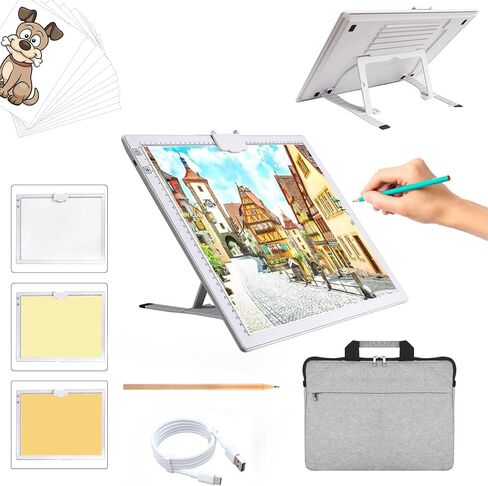 A3 Rechargeable Light Pad, TOHETO 2500mAh Battery Powered Light Board with Stand Top Magnetic Clip 3 Colors Stepless Dimmable 6 Levels Brightness Light Box for Diamond Painting Weeding Vinyl (White) in Kuwait