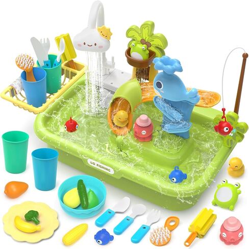 Play Sink with Running Water, 4-IN-1 Kids Kitchen Sink Toys with Electric Faucet, Water Table Floating Pool Toy w/ Fishing Game, Duck Slide, Pretend Play Dishwasher Set for Toddler Boys Girls (Pink) in Saudi Arabia