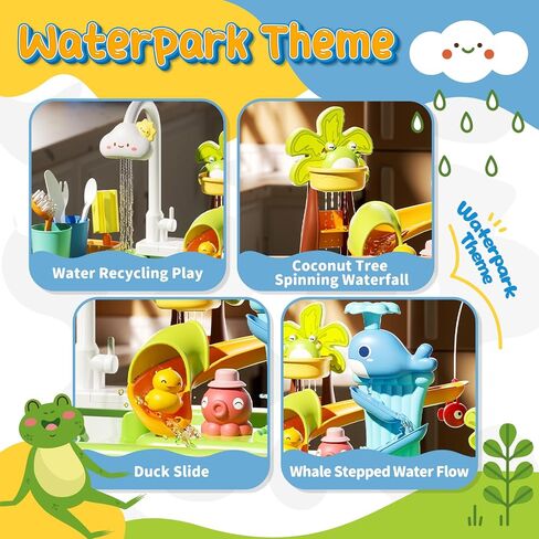 Play Sink with Running Water, 4-IN-1 Kids Kitchen Sink Toys with Electric Faucet, Water Table Floating Pool Toy w/ Fishing Game, Duck Slide, Pretend Play Dishwasher Set for Toddler Boys Girls (Pink) in Saudi Arabia