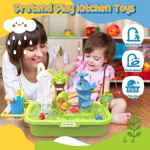 Play Sink with Running Water, 4-IN-1 Kids Kitchen Sink Toys with Electric Faucet, Water Table Floating Pool Toy w/ Fishing Game, Duck Slide, Pretend Play Dishwasher Set for Toddler Boys Girls (Pink) in Saudi Arabia