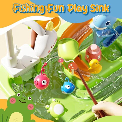 Play Sink with Running Water, 4-IN-1 Kids Kitchen Sink Toys with Electric Faucet, Water Table Floating Pool Toy w/ Fishing Game, Duck Slide, Pretend Play Dishwasher Set for Toddler Boys Girls (Pink) in Saudi Arabia