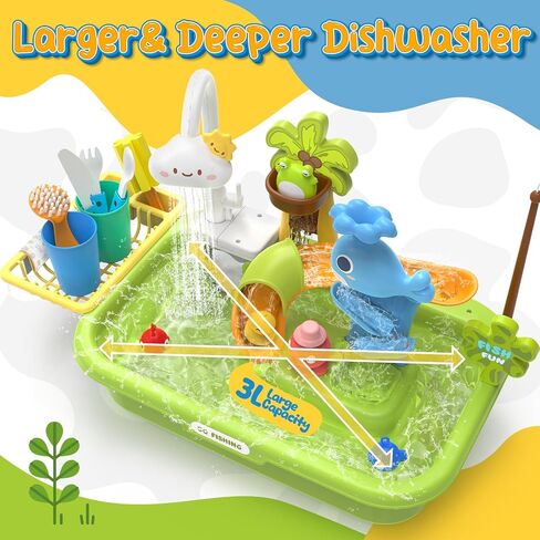 Play Sink with Running Water, 4-IN-1 Kids Kitchen Sink Toys with Electric Faucet, Water Table Floating Pool Toy w/ Fishing Game, Duck Slide, Pretend Play Dishwasher Set for Toddler Boys Girls (Pink) in Saudi Arabia