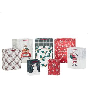 Hallmark Assorted Christmas Gift Bags (8 Bags: 3 Small 6", 3 Medium 9", 2 Large 13") Santa Claus, Red Plaid, Poinsettia Flowers