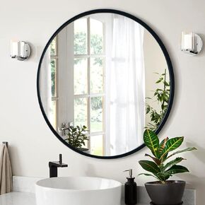 VASUHOME HD Round Mirror for Wall 16 Inch, Black Modern Circle Mirror with Aluminium Frame, Decorative Wall Round Mirror for Bathroom, Living Room, Bedroom, Entryway