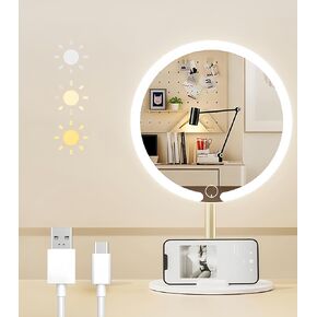 Makeup Mirror with Lights Vanity Mirror with Lights Cosmetic Mirror 3 Colors Lighting Dimmable Make Up Compact Tabletop Mirror 1200mAh USB Rechargeable 8.46 Inches Gifts for Women