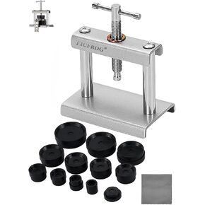 Watch Press Tool, Watch Crystal Press, Set Back Case Closer, Metal Watch Back Case Press, Watch Battery Replacement Tool with Cleaning Cloth and 12pcs Dies for Round Watch Dials