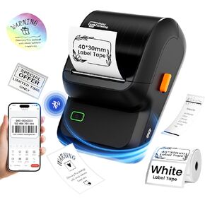 Label Maker, Barcode Label Printer for Small Business, Bluetooth Label Maker Machine with Tape Compatible with Phone & PC, Inkless Portable Label Makers for Address, Logo, Mailing, Price Label