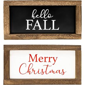 Reversible Hello Fall | Merry Christmas Rustic Wood Sign | Farmhouse Home Thanksgiving and Holiday Decor | Farmhouse Wall Decor Signs for Fall