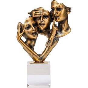 Thinker Vintage Style Statue Resin Sculptures，NO Hear No See No Speak Silence is Gold Abstract Art Figurine，Modern Room Decor for Bedroom Living Room TV Stand and Office Bookshelf Desktop(Gold)