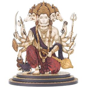 4 Inch Panchmukhi Hanuman Wood Carved Statue in Exotic Hard Woods - Multi Layered Hand Made Wooden Hindu God Bajrang Bali Idol for Car Dashboard, Home, Office, and Travel