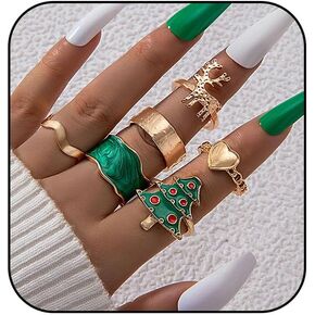 GYRMMUE Christmas Rings Set for Women Girls,Cartoon Green Christmas Tree/Elk/Heart Shape Rings Cute Knuckle Finger Rings Stacking Ring Christmas Jewelry Gift