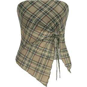 Milumia Women's Plaid Strapless Tube Top Ruched Drawstring Asymmetrical Crop Top