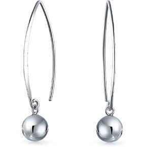 Minimalist Geometric Linear Long Thin Ear Wire Threader Staggered Bead Ball Drop Earrings For Women Teen Yellow 14K Gold Plated .925 Sterling Silver 8MM Bead