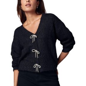 Women Y2K Solid Color Knit Cardigan Long Sleeve V Neck Bow Button Open Front Sweater Top Vintage Going Out Knitwear