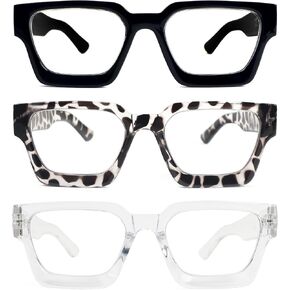 REAVEE 3 Pack Thick Frame Reading Glasses for Women Men, Oversized Fashion Blue Light Blocking Readers Spring Hinge