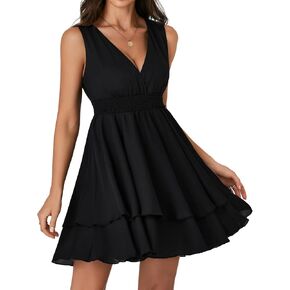 Rooscier Women's Wrap V Neck Swing Layer Ruffle Sleeveless A Line Flowy Mini Dress