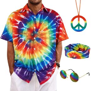 4 Pieces Hippie Costume Set,Tie Dye Button Down Shirt Men,Tie Dye Headband,Rainbow Sunglasses,Peace Sign Necklace,Hippy Clothes for Men, XX-Large