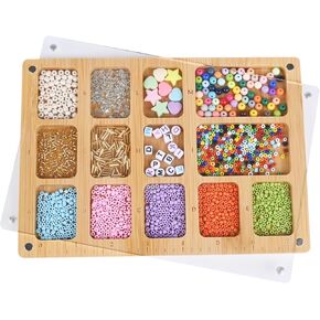 Favonuovy Beads Sorting Tray with Scoop, Magnetic Acrylic Lid, Band and Velvet Padding Bead Boards for Jewelry Bracelet Making Wood Beading Mat Engraved with 11in Ruler, 12 Compartments and Letter A-K