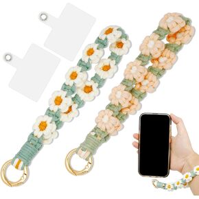 2 Pack Boho Macrame Keychain Floral Wristlet Keychain Weave Exquisite Keyring Holder Bracelet Handmade Wrist Lanyard for Women Girls (Pink Flowers + White Flowers)