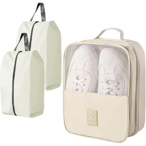 Shoe Bags for Travel Holds 3 Pair of Shoes, Travel Shoe Bag for Packing with 2 Pcs Travel Essentials, Waterproof Shoe Storage Pouch for Travel and Daily Use, Shoe Organizer for Women and Men (Cream)