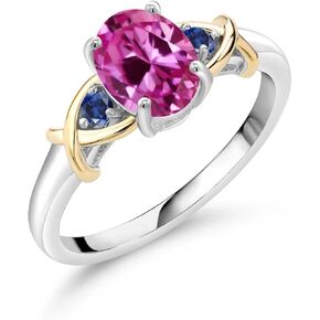Gem Stone King 1.74 Cttw 925 Silver and 10K Yellow Gold Pink and Blue Created Sapphire 3-Stone Engagement Ring | Oval 8X6MM & Round 2MM | 3 Stone Wedding Anniversary Promise Ring For Women