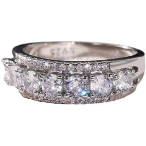 Plated Sterling Silver Round Cubic Zirconia CZ 7-Stone Anniversary Wedding Half Eternity Band Ring,Simulated Diamond Engagement Band Stackable Ring for Women (US size 7)