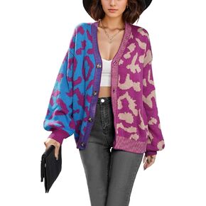 Leopard Cardigan for Women Oversized Color Block Checkered Sweater Button Front Long Sleeve Casual Knit Outwear