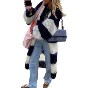 Women Contrast Color Stripe Fuzzy Chunky Knit Long Open Front Cardigan Sweater Loose Slouchy Lantern Sleeve Warm