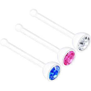 3PCS Bioflex Nose Bone Stud Earring 18 Gauge 20g 0.8mm Flexible Nostril Ring Clear Rose Crystal Piercing Jewelry - Choose Colors