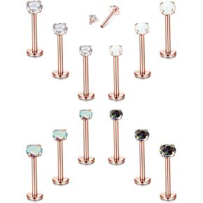 TEN MIRO 12PCS 16G Lip Rings Helix Tragus Earrings Stainless Steel Internally Threaded Labret Studs Cartilage 2/3/4MM Clear CZ/Opal Earrings Monroe Medusa Piercing Jewelry(Rose Gold-8MM)