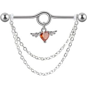 14G Heart Chain Dangle Industrial Barbell Earrings Stainless Steel Industrial Piercing Jewelry 38mm Conch Helix Cartilage Industrial Bar for Women