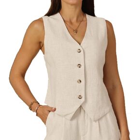 heipeiwa Women's Cotton Linen Vest Button Down Sleeveless V Neck Tank Tops Waistcoat Jacket