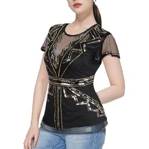 Vijiv Women's 1920s Inspired Beaded Sequin Top V Neck Shimmer Glitter Blouse Short Sleeve Formal Gatsby Shirt