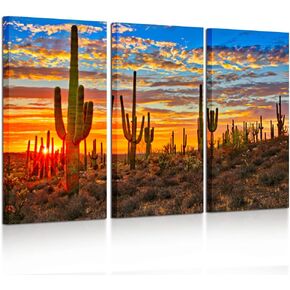 KREATIVE ARTS Large 3 Piece Canvas Wall Art Beautiful Sunset Landscape of National Park Arizona Sonoran Desert Cactus Pictures Stretched for Home Office Decor 16x32inchx3pcs