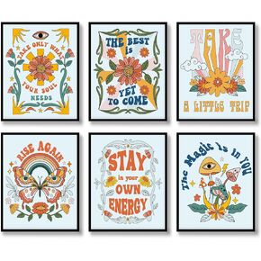 Hippie Wall Art Retro Floral Wall Decor Prints Set of 6 Hippie Flower Canvas 60s 70s Vintage Posters Aesthetic Abstract Happy Face Pictures Boho Positive Photos for Living room Bedroom Decoration (D,