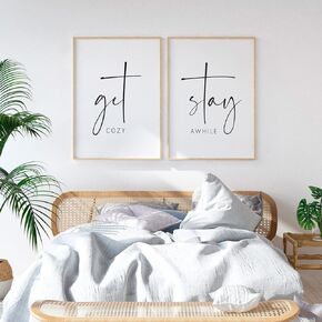 Pennclys Get Cozy Wall Decor Stay Awhile Sign Canvas Wall Art Cozy Room Wall Decor Modern Minimalist Wall Art for Living Room Guest Room Decor, Above Bed Wall Art 16x24 Inch (set of 2) Unframed