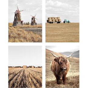 SRUOLOC Farm Landscape Wall Art Prints: 8x10 Unframed Country Nature Picture Set of 4 Windmill Truck Haystack Photography Artwork Highland Cow Photo Wall Decor for Living Room Bedroom