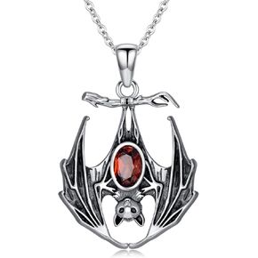 Bat Necklace 925 Sterling Silver Natural Red Garnet Halloween Gothic Bat Pendant Animal Jewelry for Women