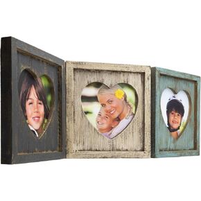 EXCELLO GLOBAL PRODUCTS Rustic Heart Shaped Photo Collage: Holds 3 Pictures, Folding Hinge, Shabby Chic, Distressed Wood, for Table Top or Wall Display. Holds Triple 5.25" x 5.25" Pictures