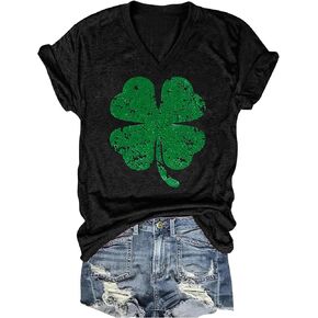 St Patrick's Day T Shirts for Women Irish Shamrock Graphic Blouses T-Shirts Short Sleeve V Neck St Patty's Day Tees Tops