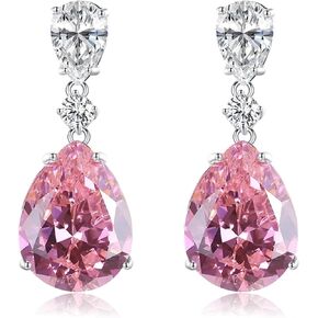 925 Sterling Silver Women's Birthstone Drop Earrings, Pink Cubic Zirconia Women's Dangle Earrings for Anniversary, Birthday, Valentine’s Day, Wedding and Engagement