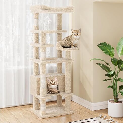 Cat Tree, 63 Inch Cat Tower for Indoor Cats, Plush Multi-Level Cat Condo with 3 Scratching Posts, 4 Perches, 2 Caves, Hammock, Gray in Saudi Arabia