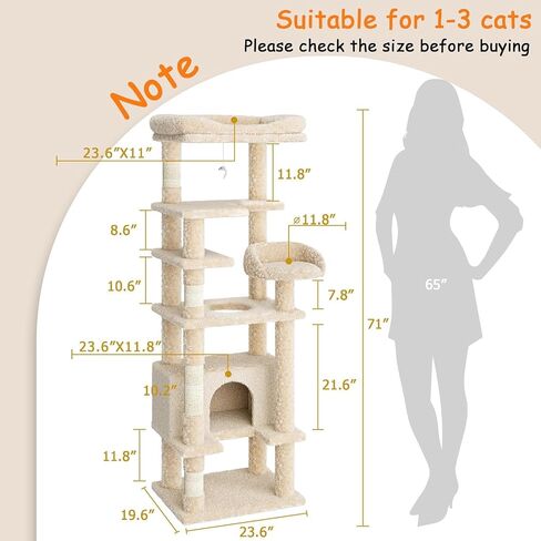 Cat Tree, 63 Inch Cat Tower for Indoor Cats, Plush Multi-Level Cat Condo with 3 Scratching Posts, 4 Perches, 2 Caves, Hammock, Gray in Saudi Arabia