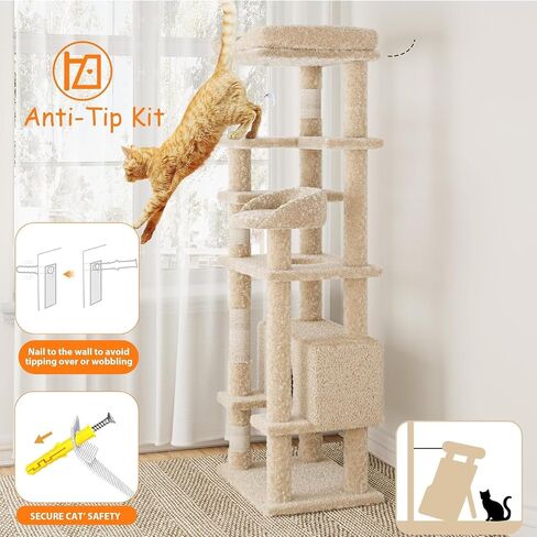 Cat Tree, 63 Inch Cat Tower for Indoor Cats, Plush Multi-Level Cat Condo with 3 Scratching Posts, 4 Perches, 2 Caves, Hammock, Gray in Saudi Arabia