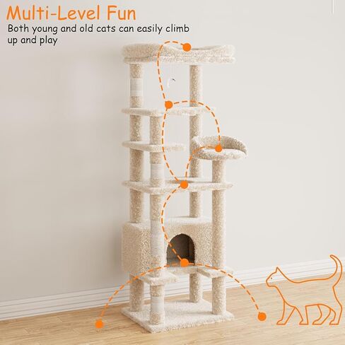 Cat Tree, 63 Inch Cat Tower for Indoor Cats, Plush Multi-Level Cat Condo with 3 Scratching Posts, 4 Perches, 2 Caves, Hammock, Gray in Saudi Arabia