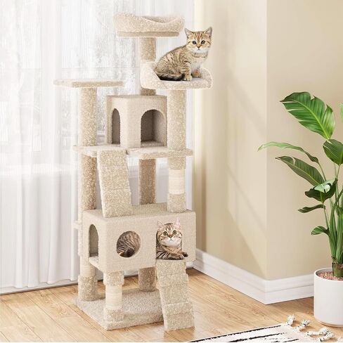 Cat Tree, 63 Inch Cat Tower for Indoor Cats, Plush Multi-Level Cat Condo with 3 Scratching Posts, 4 Perches, 2 Caves, Hammock, Gray in Saudi Arabia