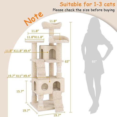 Cat Tree, 63 Inch Cat Tower for Indoor Cats, Plush Multi-Level Cat Condo with 3 Scratching Posts, 4 Perches, 2 Caves, Hammock, Gray in Saudi Arabia