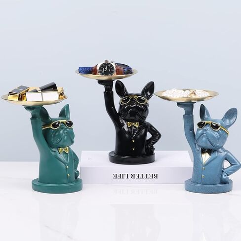 suruim Resin Bulldog Tray Statue Storage Key Holder Candy Jewelry Earrings Tray Piggy Bank Tray Suitable for Home Decor Modern Animal Sculpture Table Decor (Black -1) in Saudi Arabia