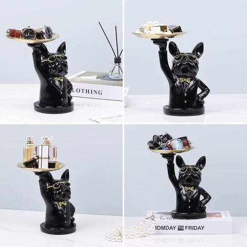 suruim Resin Bulldog Tray Statue Storage Key Holder Candy Jewelry Earrings Tray Piggy Bank Tray Suitable for Home Decor Modern Animal Sculpture Table Decor (Black -1) in Saudi Arabia
